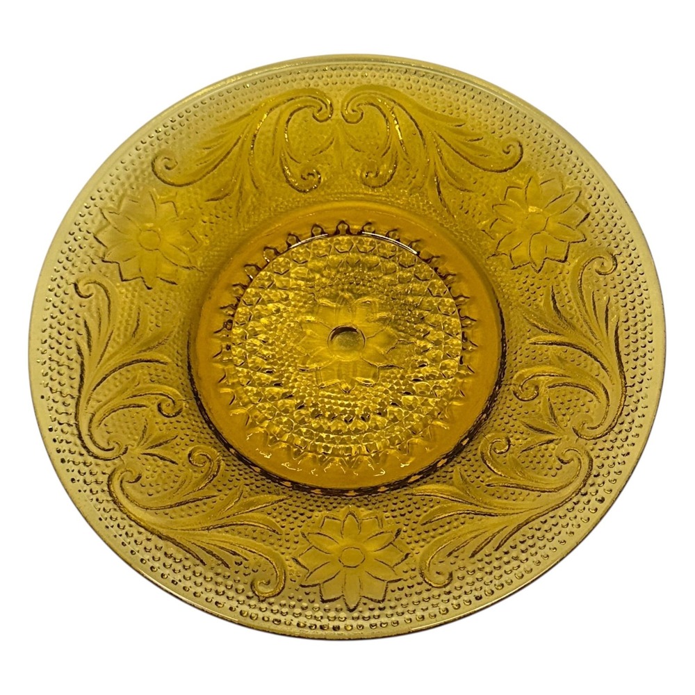 VTG Indiana Glass Tiara Daisy Sandwich Amber Saucer Floral Scroll Daisy‎ Pattern